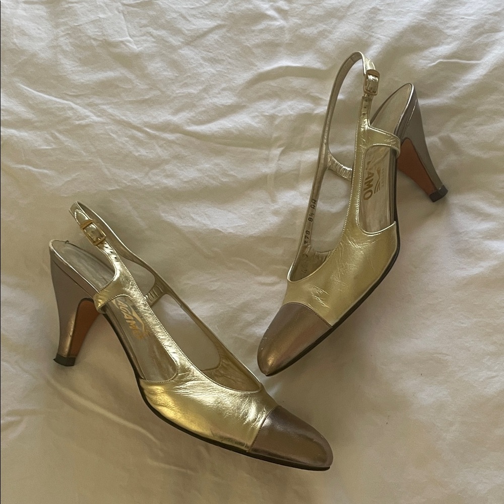 Salvatore Ferragamo Gold and Bronze Heels